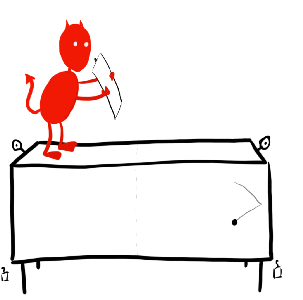 Animated gif. A box containing a gas particle is fitted with one pully on either side. Below each pulley, on the floor, is a weight. On top of the box, a demon inserts a partition into the center of the box, trapping the particle on the right half. The demon then connects the partition across the pulley to the weight on the right side. As the gas expands, the partition is pushed, lifting the weight off of the ground.